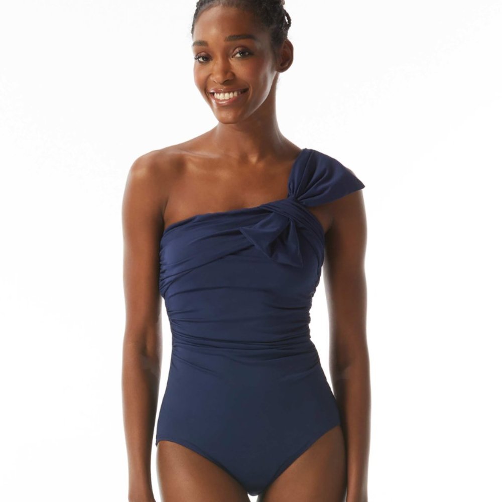 Carmen Marc Valvo Assymetrical One Shoulder Ruched Swimsuit Navy Blue